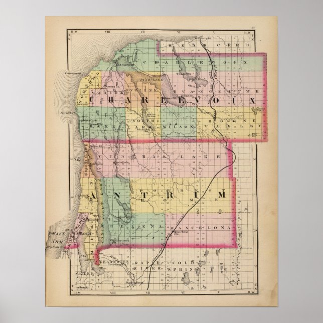 Póster Map of Charlevoix and Antrim counties, Michigan (Frente)