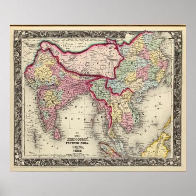 Póster Map Of Hindoostan, Farther India, China, and Tibet (Frente)