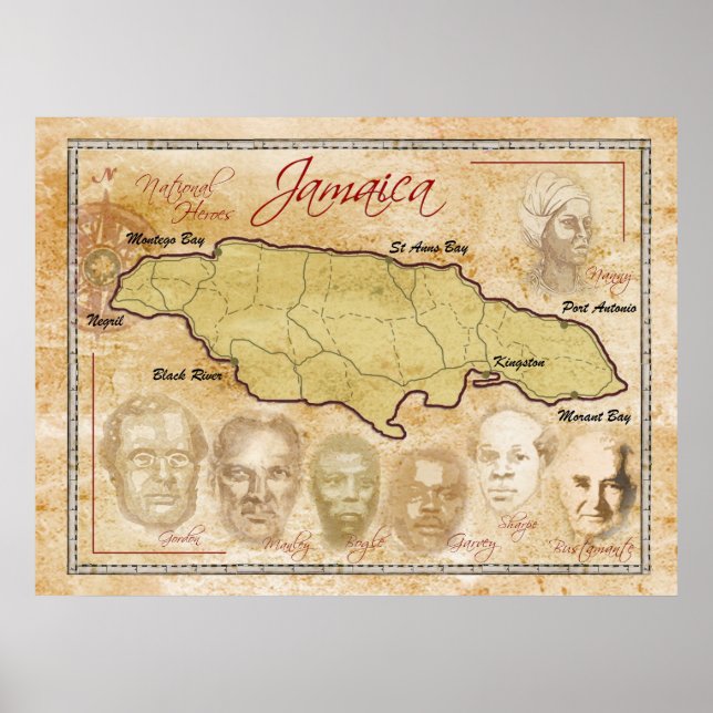 Póster Map of Jamaica with National Heroes (Frente)