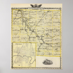 Póster Map of Livingston County and Pontiac