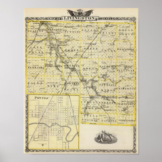 Póster Map of Livingston County and Pontiac (Frente)