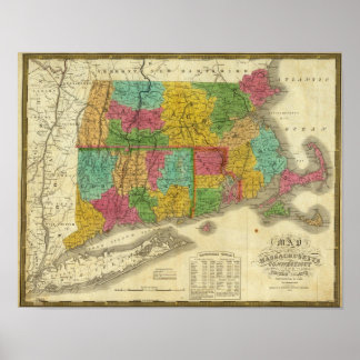 Póster Map of Massachusetts and Connecticut