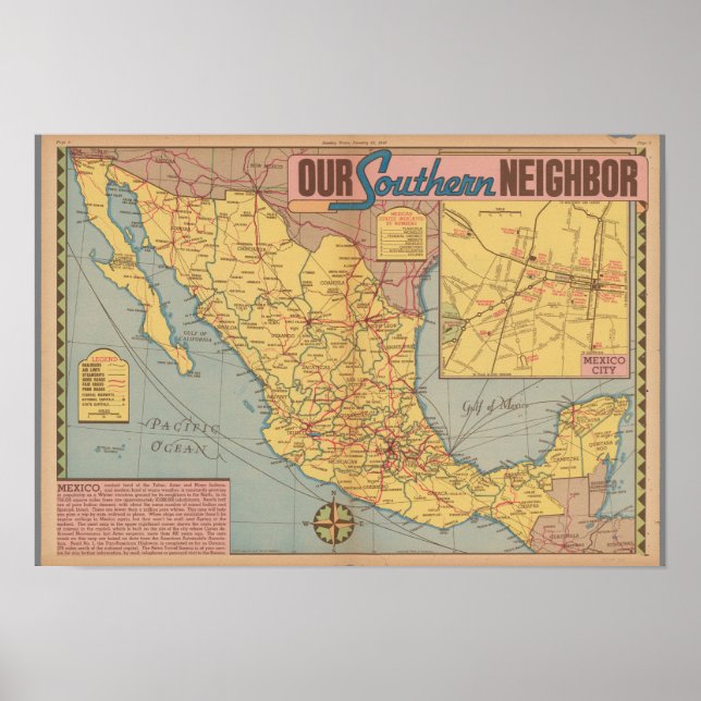 Póster Map of Mexico - "Our Southern Neighbor" (Frente)