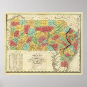 Póster Map Of Pennsylvania New Jersey And Delaware