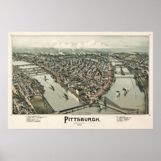Póster Map of Pittsburgh (Fowler) - 1902, BigMapBlog.com (Frente)