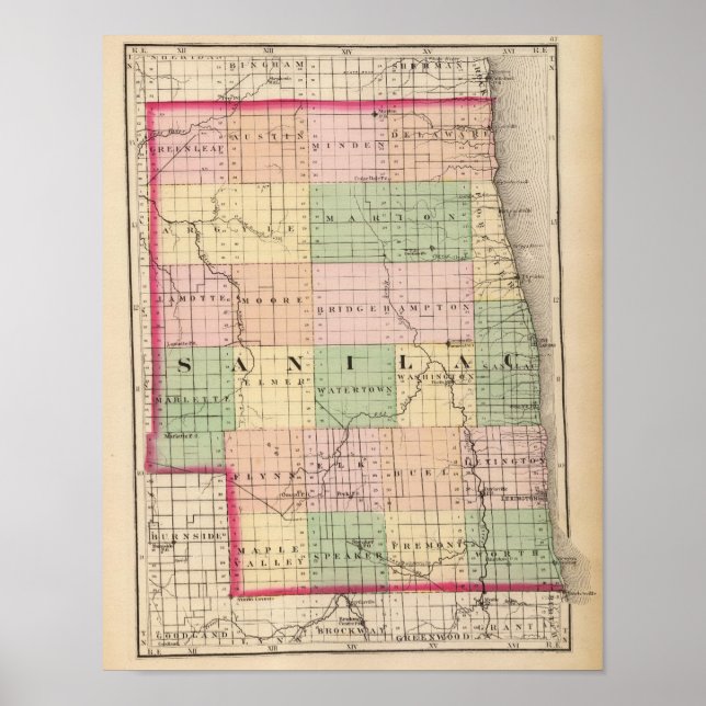 Póster Map of Sanilac County, Michigan (Frente)