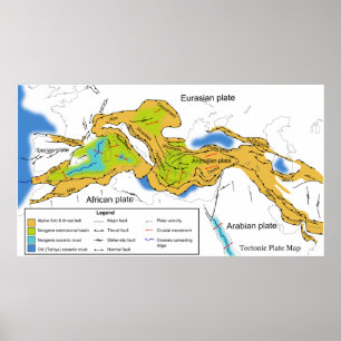 Póster Map of Tectonic Plates of the Mediterranean & Alps