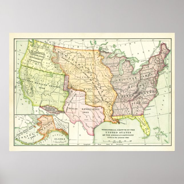 Póster Map Territorial Growth United States Retro (Frente)