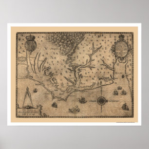 Póster Mapa 1590 de Virginia de la bahía de Chesapeake