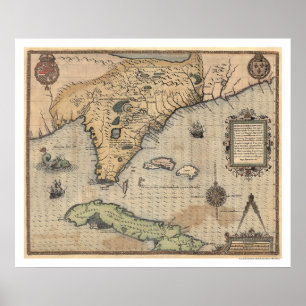 Póster Mapa 1591 de Cuba y de la Florida