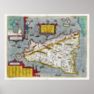Póster Mapa 1592 del renacimiento de Sicilia