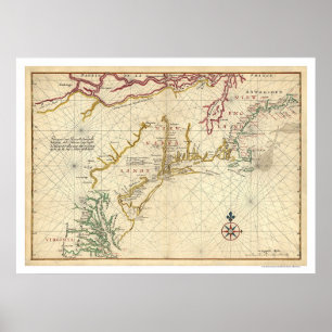 Póster Mapa 1639 de la costa noreste de EE.UU.