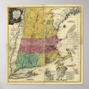 Póster Mapa 1777 de Nueva Inglaterra del vintage