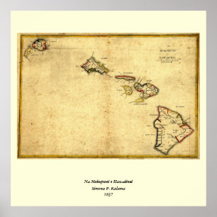 Póster Mapa 1837 - islas hawaianas de Hawaii del vintage