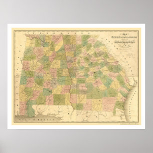 Póster Mapa 1839 del ferrocarril de Georgia y de Alabama