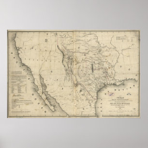 Póster Mapa 1844 de la república de Tejas y de los países