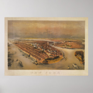 Póster Mapa 1847 de la opinión del ojo de pájaro de New