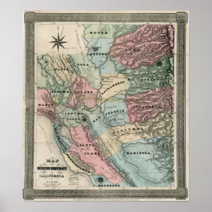 Póster Mapa 1851 del distrito de mina de California