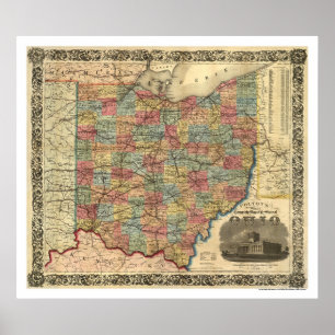 Póster Mapa 1854 del ferrocarril de Ohio