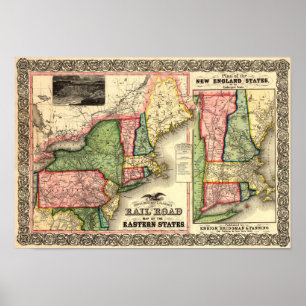 Póster Mapa 1856 del carril de Nueva Inglaterra del