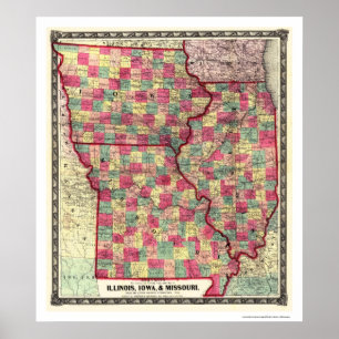 Póster Mapa 1859 del ferrocarril de Illinois Iowa