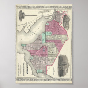 Póster Mapa 1866 de Johnson de la C.C. de Washington