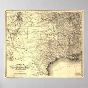 Póster Mapa 1867 del ferrocarril de la central de Houston