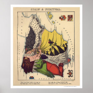 Póster Mapa 1868 de la caricatura de España y de Portugal