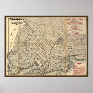 Póster Mapa 1874 de ruta de Brooklyn City Railroad