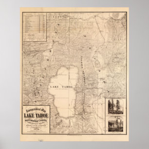 Póster Mapa 1874 del área California y Nevada del lago