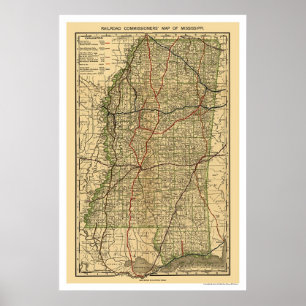 Póster Mapa 1888 del ferrocarril de Mississippi