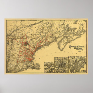 Póster Mapa 1898 del ferrocarril de Boston y de Maine
