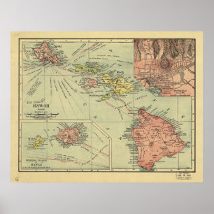 Póster Mapa 1912 de las islas hawaianas de Hawaii