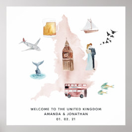 Póster Mapa acuarela de la bienvenida de la boda de desti