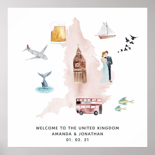 Póster Mapa acuarela de la bienvenida de la boda de desti (Frente)