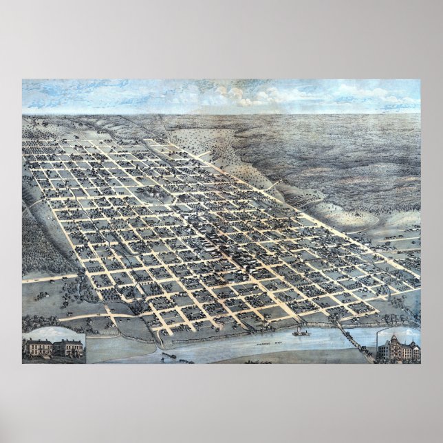 Póster Mapa aéreo antiguo de la ciudad de Austin, Texas,  (Frente)