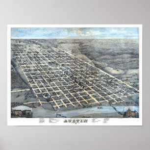 Póster Mapa aéreo antiguo de la ciudad de Austin, Texas d