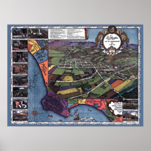 Póster Mapa aéreo antiguo de la ciudad de Los Ángeles, Ca