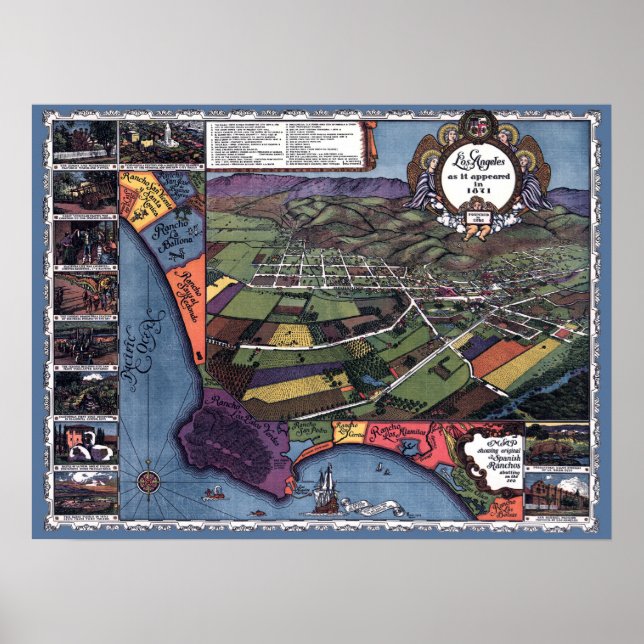 Póster Mapa aéreo antiguo de la ciudad de Los Ángeles, Ca (Frente)