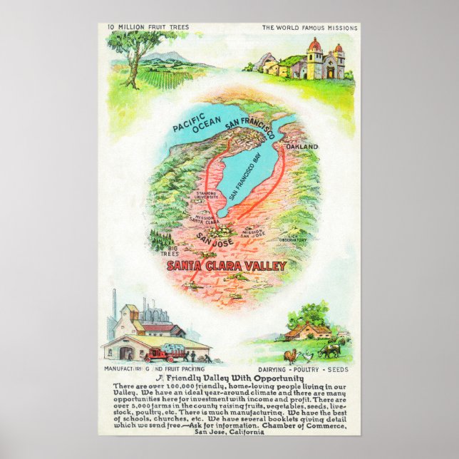 Póster Mapa aéreo del condado de Santa Clara con lugares (Frente)