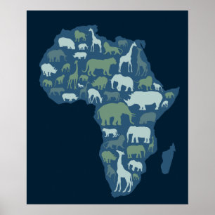 Póster Mapa africano con la silueta de los animales