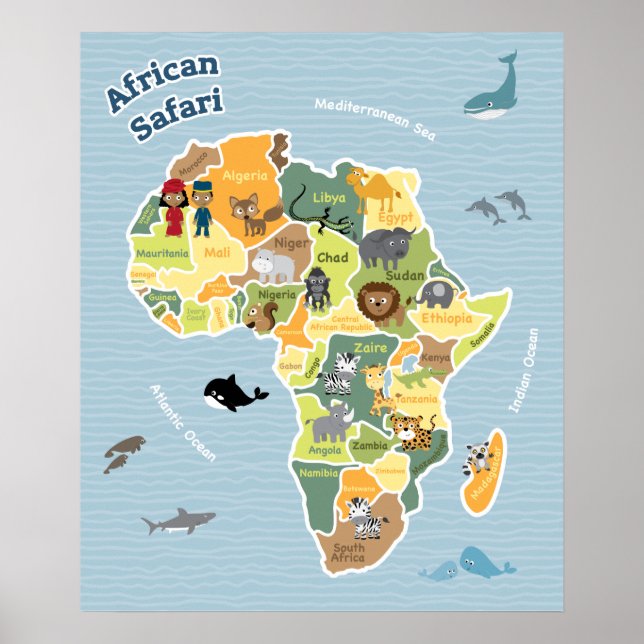 Póster Mapa africano de Safari (Frente)
