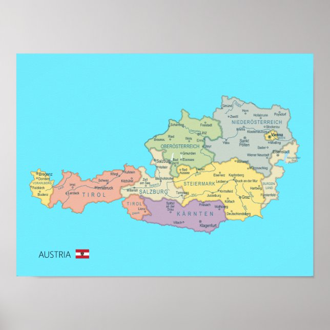 Póster Mapa aislado de las regiones de Austria (Frente)
