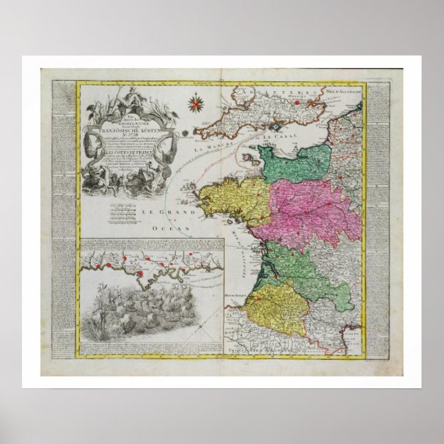 Póster Mapa alemán que muestra los ataques navales en ing (Frente)