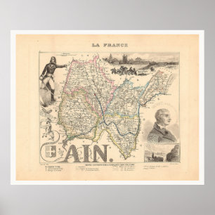Póster Mapa Alexandre Vuillemin del Departamento de Ain F
