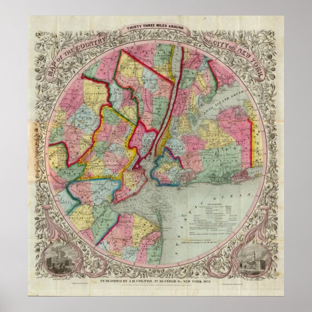 Póster Mapa Alrededor De La Ciudad De Nueva York (Frente)