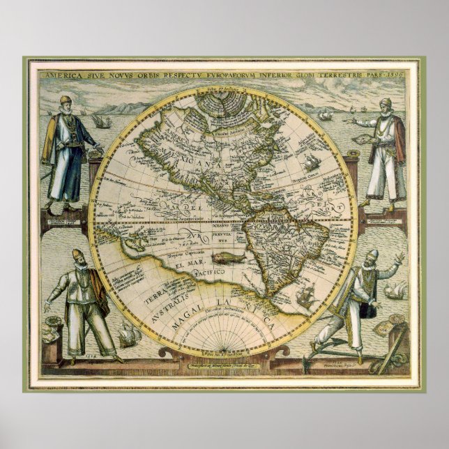 Póster Mapa antiguo, América Sive Novus Orbis, 1596 (Frente)