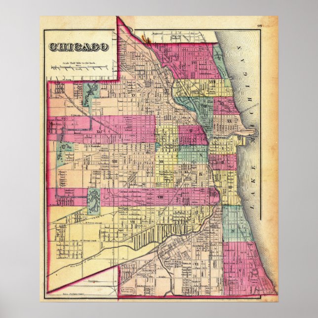 Póster Mapa Antiguo Colorido de Chicago (Frente)