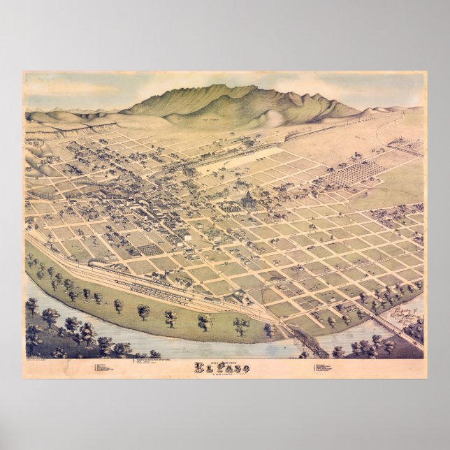 Póster Mapa antiguo de 1885 de El Paso, Texas, EE. (Frente)