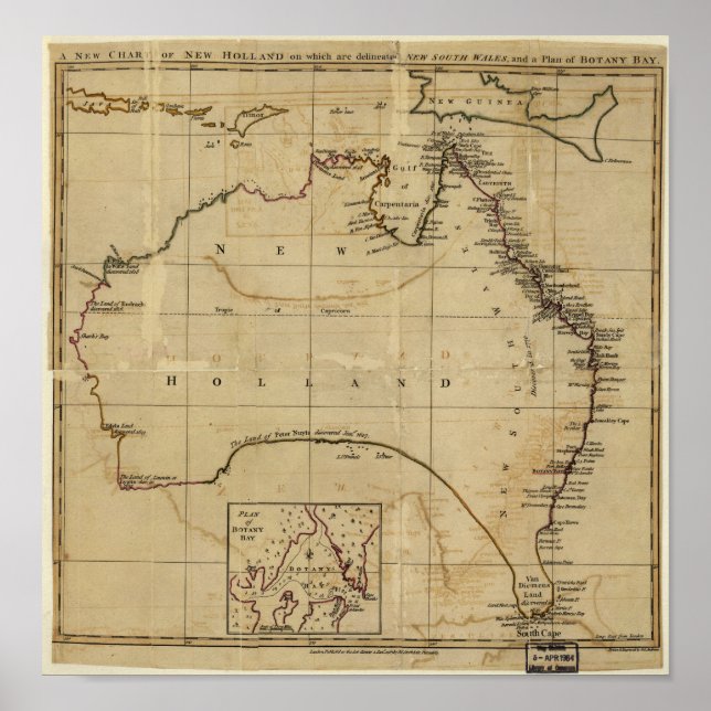Póster Mapa antiguo de Australia alrededor de 1770 (Frente)